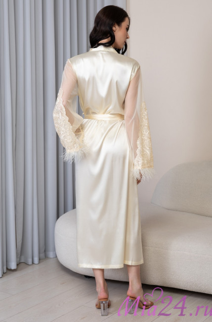 Халат длинный запашной женский Marjory 3969 'Mia-Amore' - цвет шампань, шелковый, рукава с кружевом Халат длинный запашной женский Marjory 3969 'Mia-Amore' - цвет шампань, шелковый, рукава с кружевом