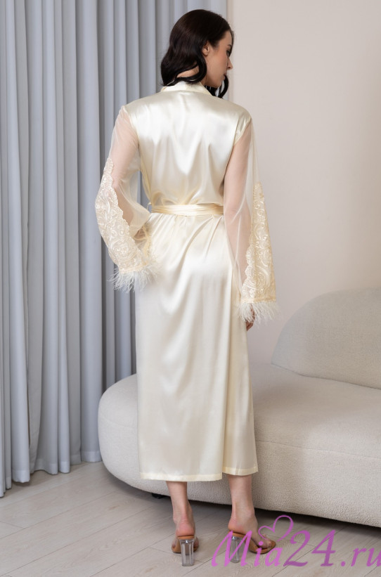 Халат длинный запашной женский Marjory 3969 'Mia-Amore' - цвет шампань, шелковый, рукава с кружевом
