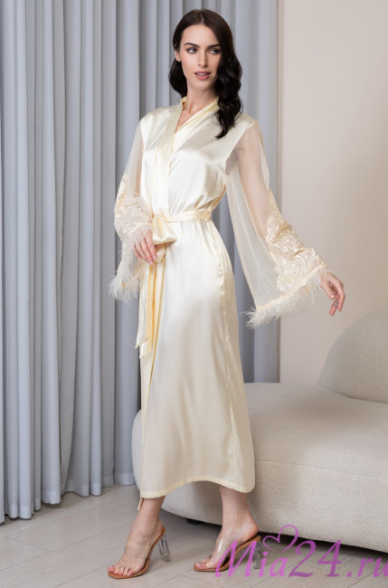 Халат длинный запашной женский Marjory 3969 'Mia-Amore' - цвет шампань, шелковый, рукава с кружевом Халат длинный запашной женский Marjory 3969 'Mia-Amore' - цвет шампань, шелковый, рукава с кружевом